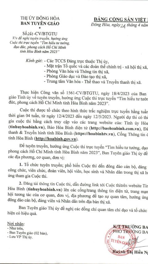 Về việc đề nghị tuyên truyền, hưởng ứng Cuộc thi trực tuyến "Tìm hiểu tư tưởng, đạo đức, phong cách Hồ Chí Minh tỉnh Hòa Bình năm 2023"
